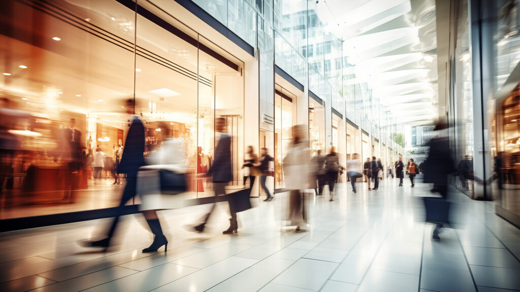 motion blur of people with shopping bags in a busy shopping mall.