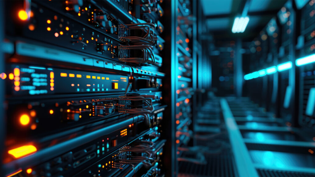 A picture of a server room with a row of servers.