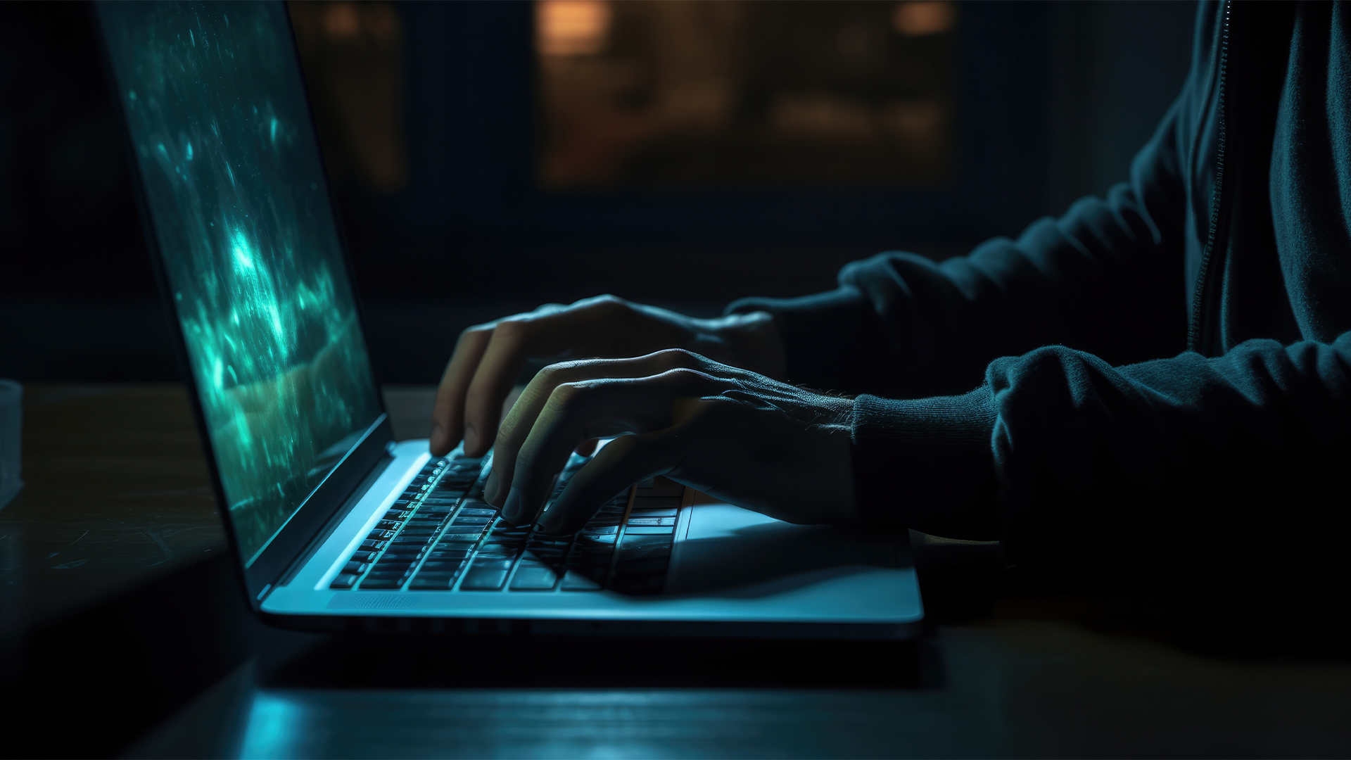 Hand of a man using laptop computer for hacking or steal data at night in office