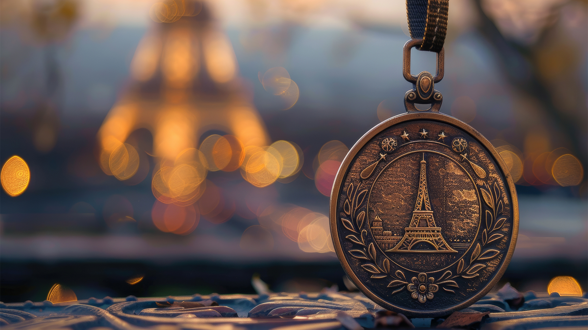 Olympic Medal, representing the Paris games, with a backdrop of the Eiffel Tower, Paris