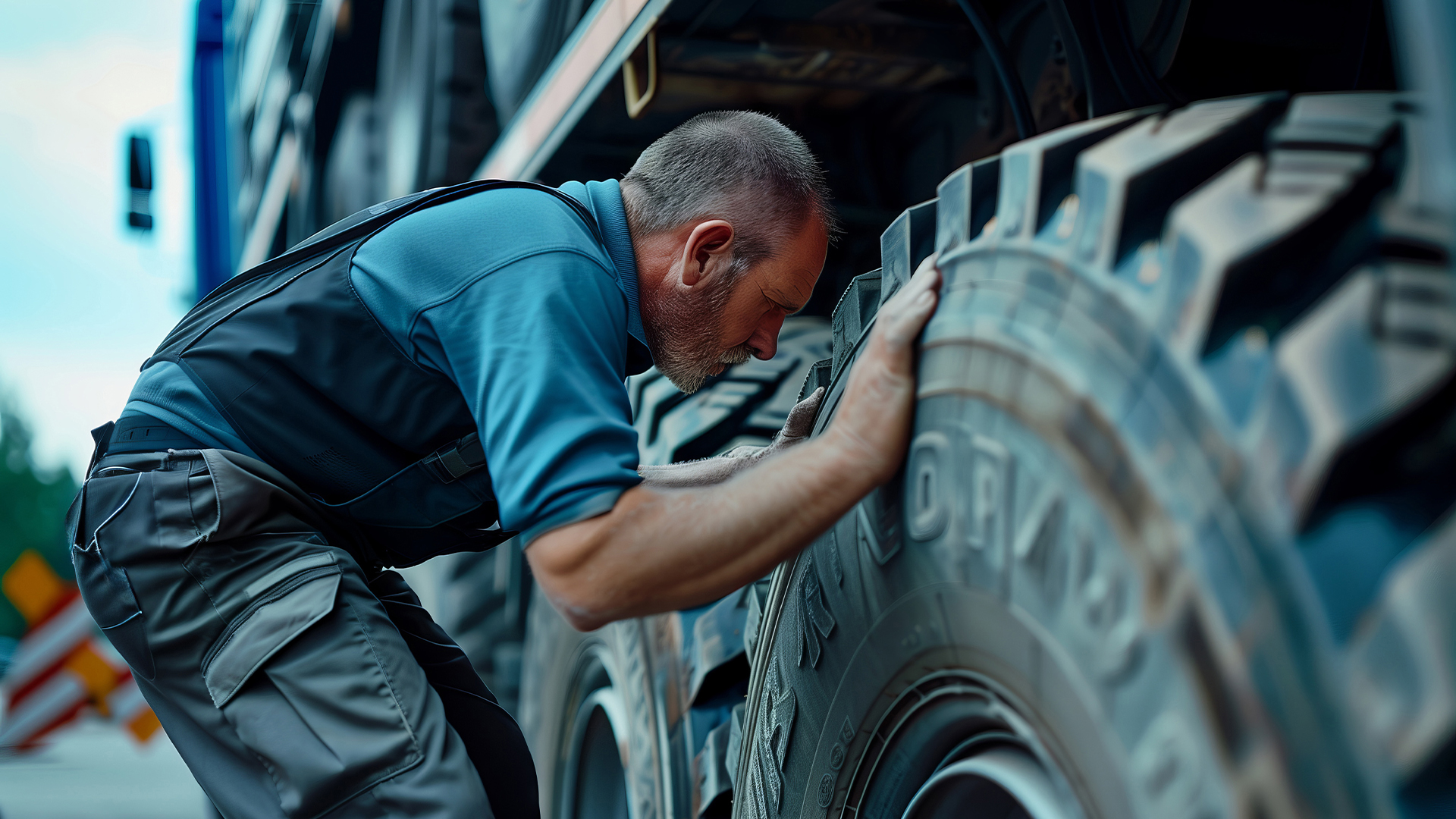 Truck male Mechanic checking truck Tires outdoors