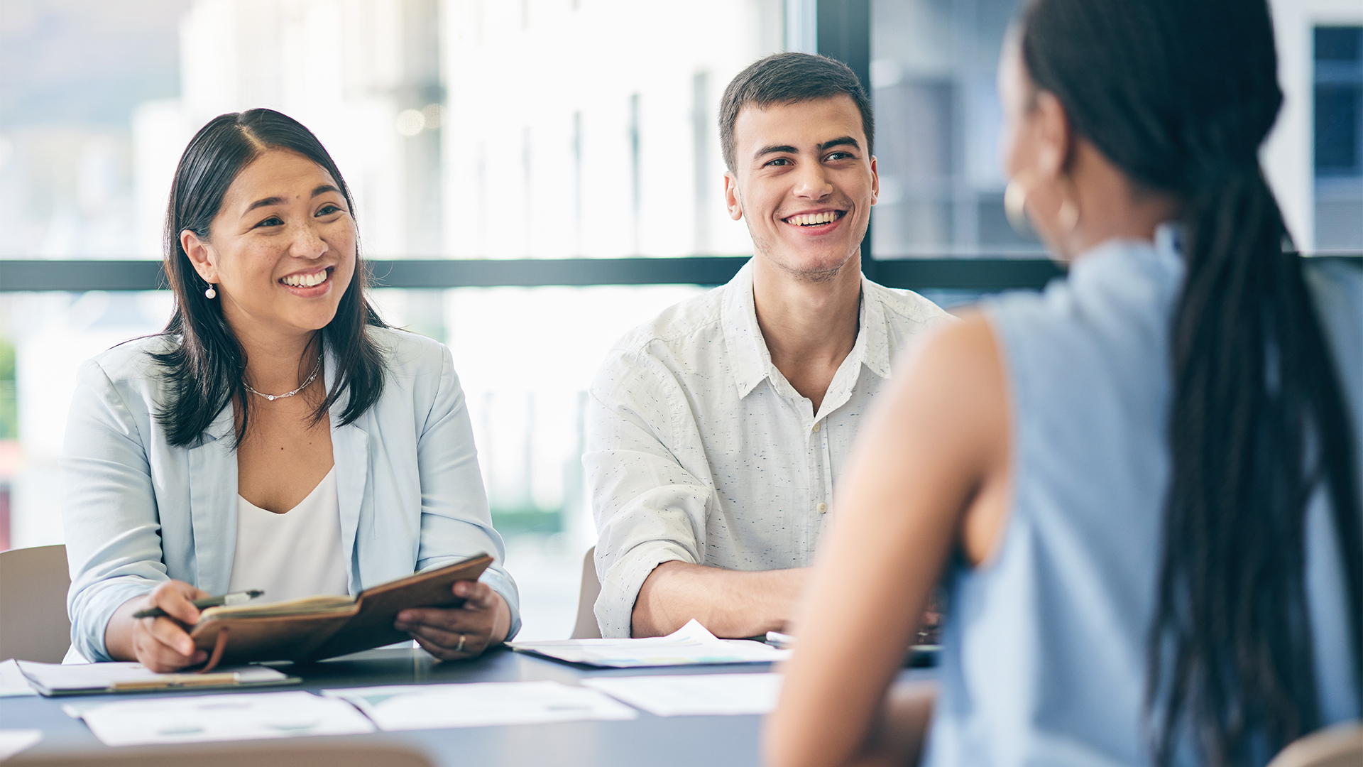 Meeting, recruitment or managers in job interview with businesswoman talking or listening in negotiation