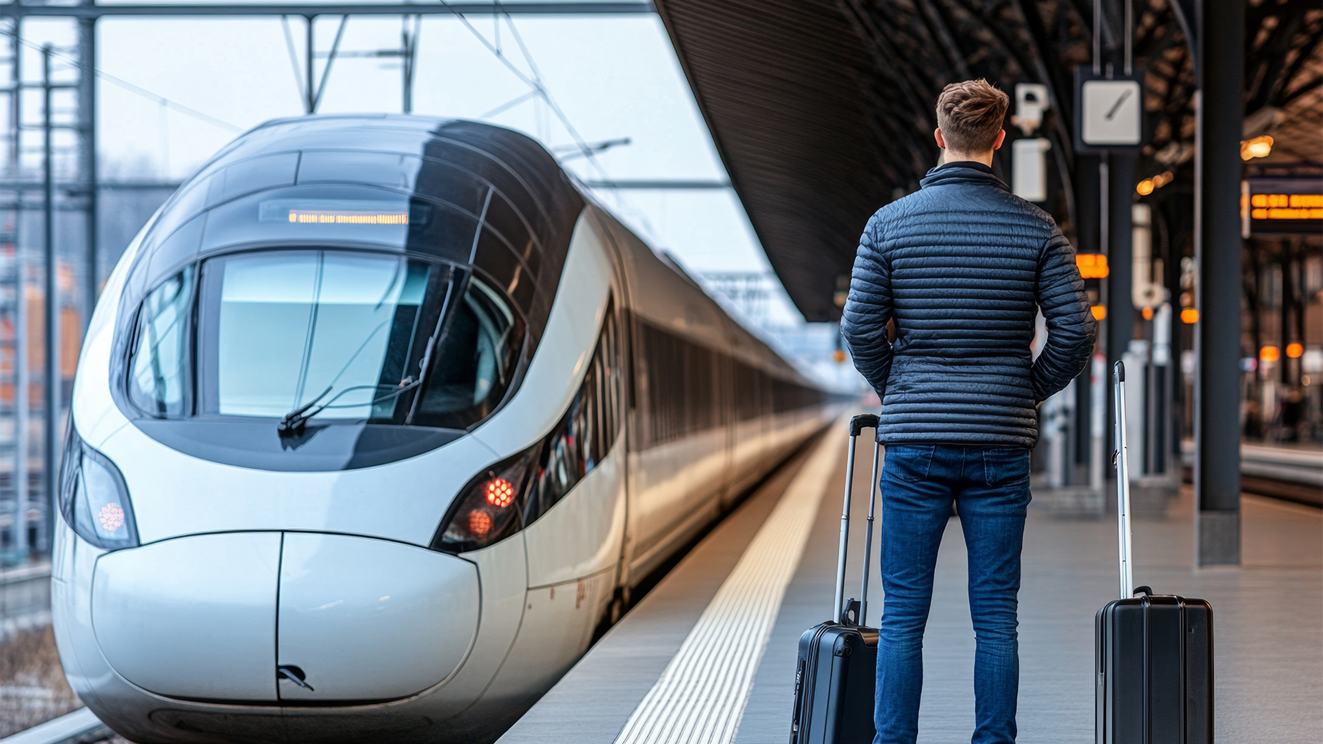 Traveler standing at a train station, waiting for the next adventure, with a suitcase by their side